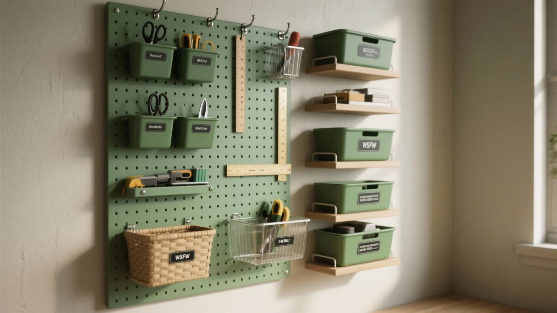 3) Vertical pegboard + narrow shelf stack