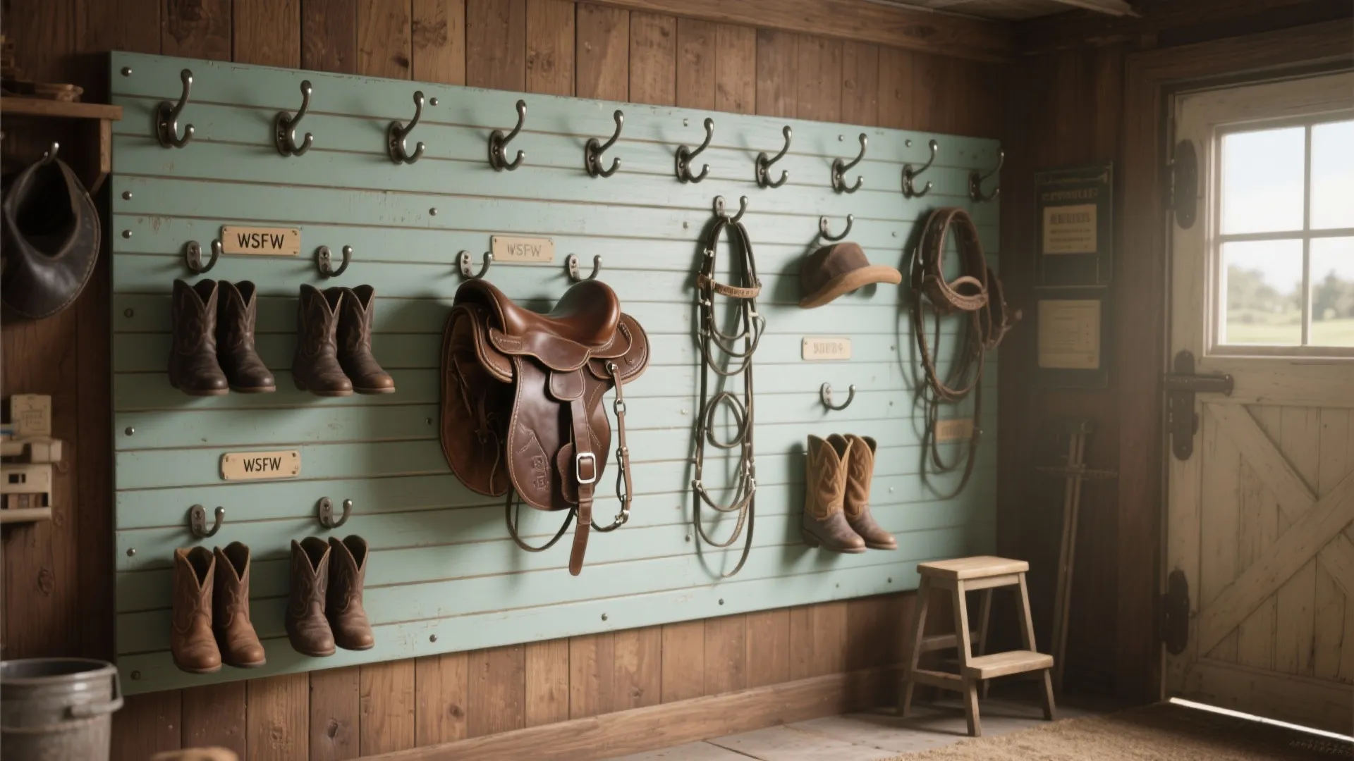 Wooden wall with green board holding brown leather horse saddles boots and various riding gear items