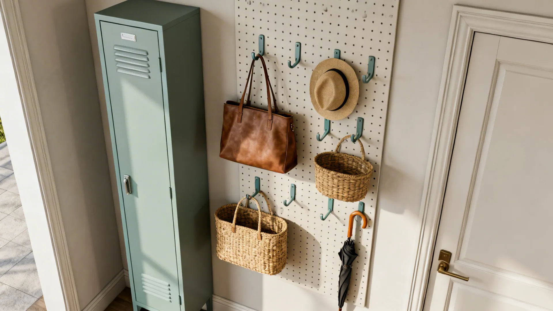 Vertical pegboard wall with hooks and baskets organizing bags and umbrellas