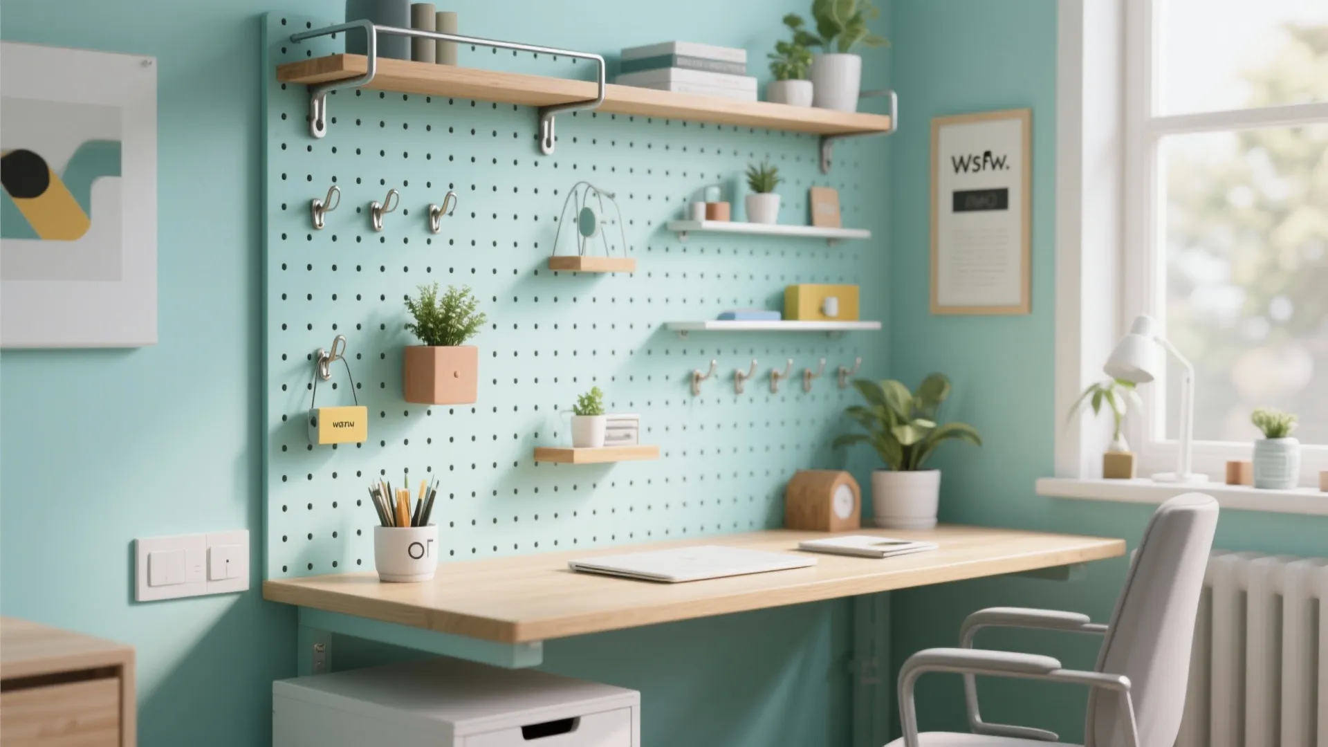 5. Pegboards and adjustable rails for a dynamic wall