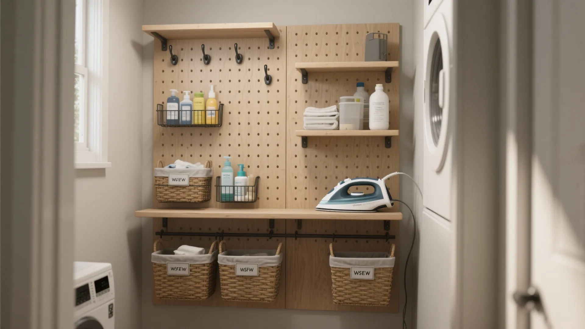 Wooden pegboard wall storage in a laundry room with hooks baskets iron and white washing machine