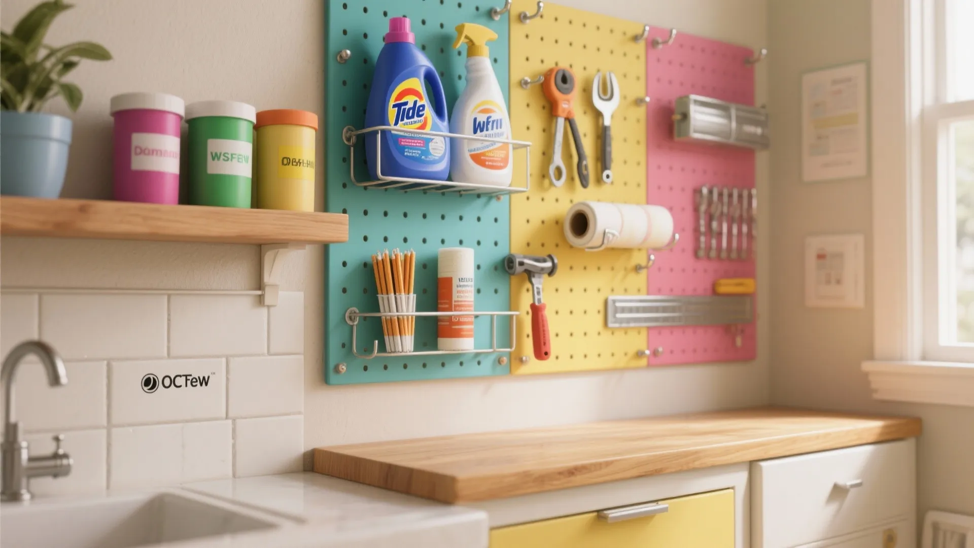 Colorful wall pegboards with cleaning supplies and tools above a wooden countertop in laundry room