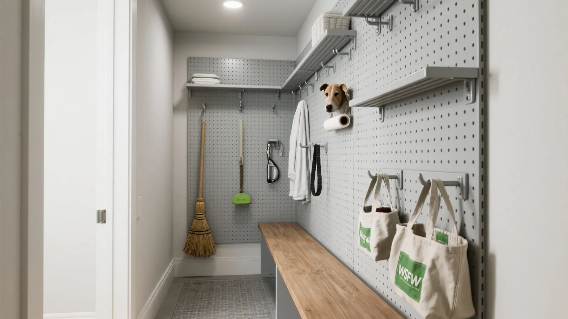 Vertical storage with pegboard & rails