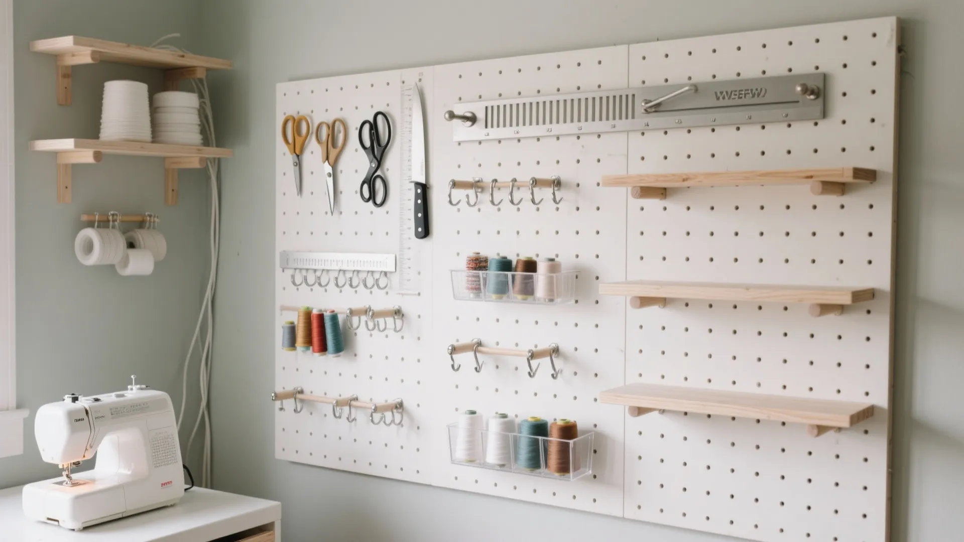 White wall pegboard organizer with scissors, thread, small wooden shelves, and a white sewing machine
