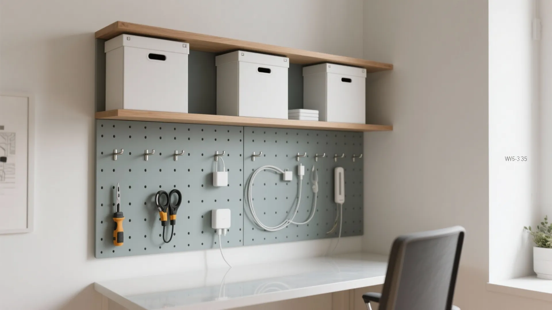 Grey pegboard with hanging tools below wooden shelves holding white storage boxes and a desk