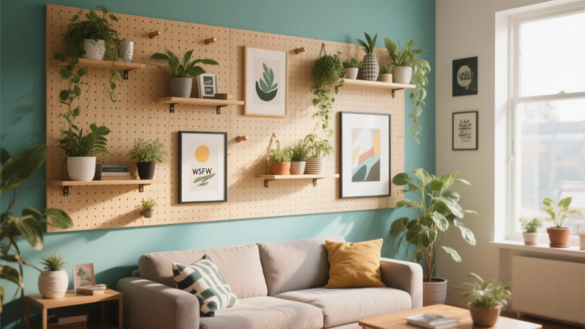 Cozy living room with pegboard wall storage shelves potted plants grey sofa and teal wall