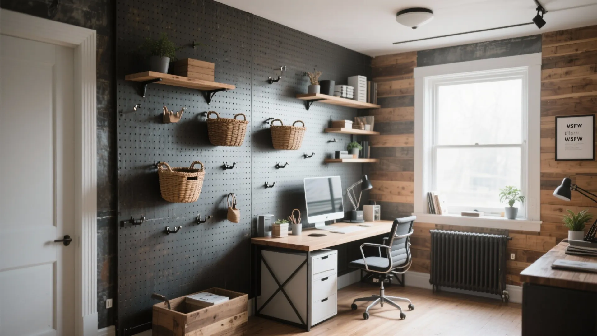 Home office with vertical pegboard wall for organizing tools