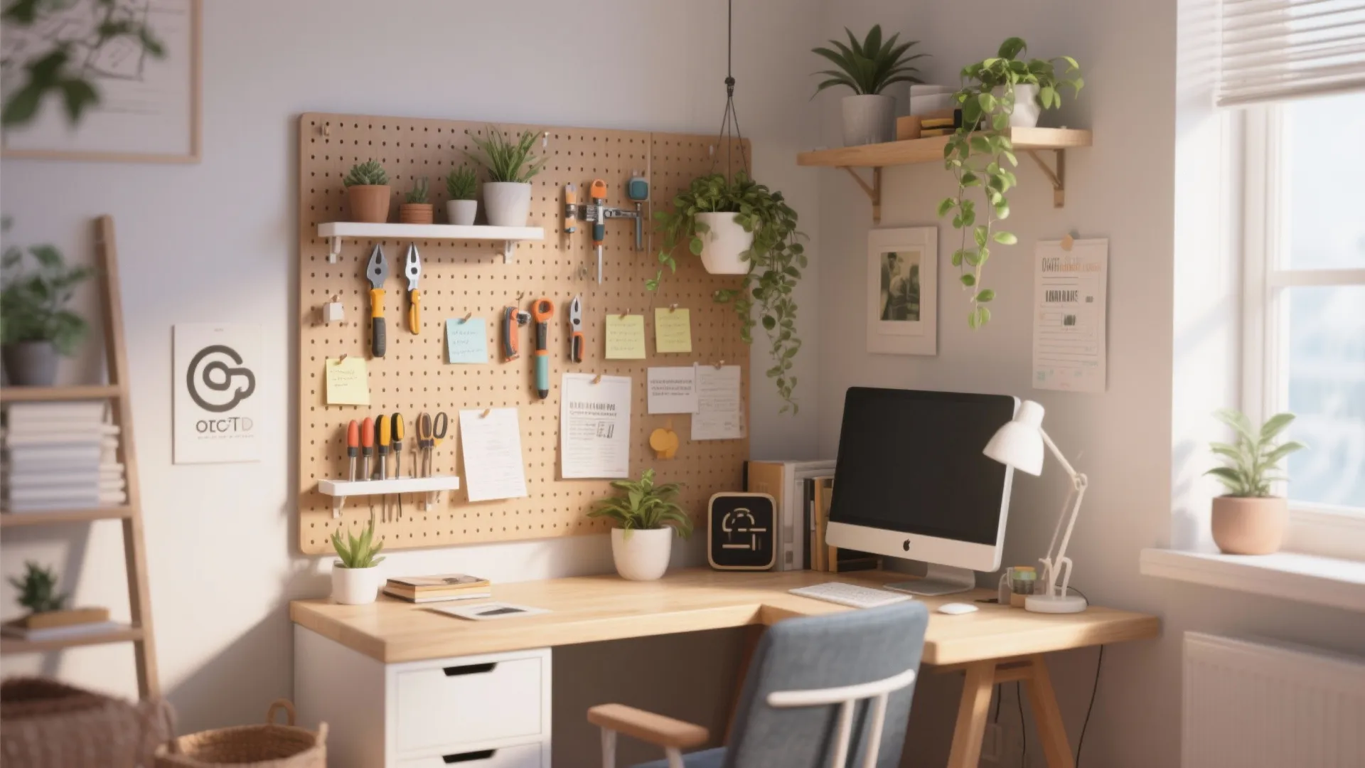 Home office with wooden desk computer chair pegboard for tools green plants and natural light