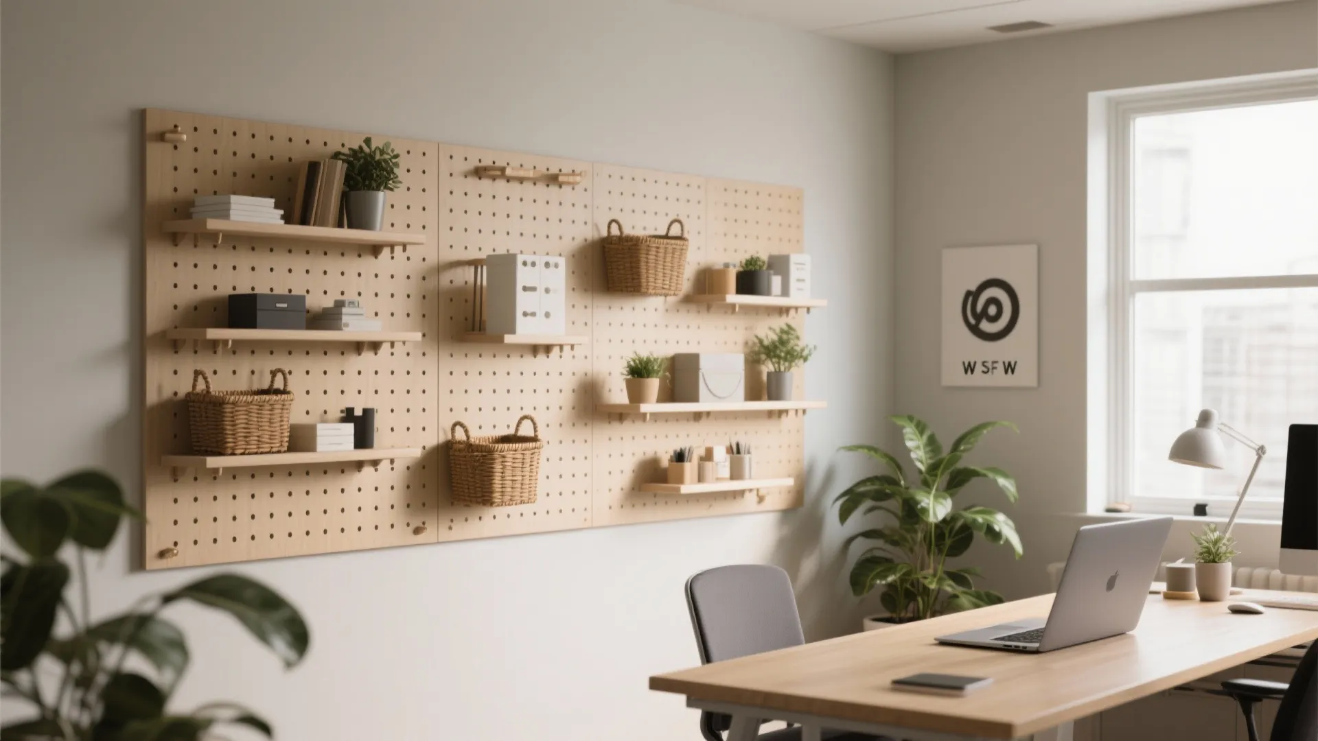 Large wooden pegboard wall organizer with shelves and baskets above a modern office desk area