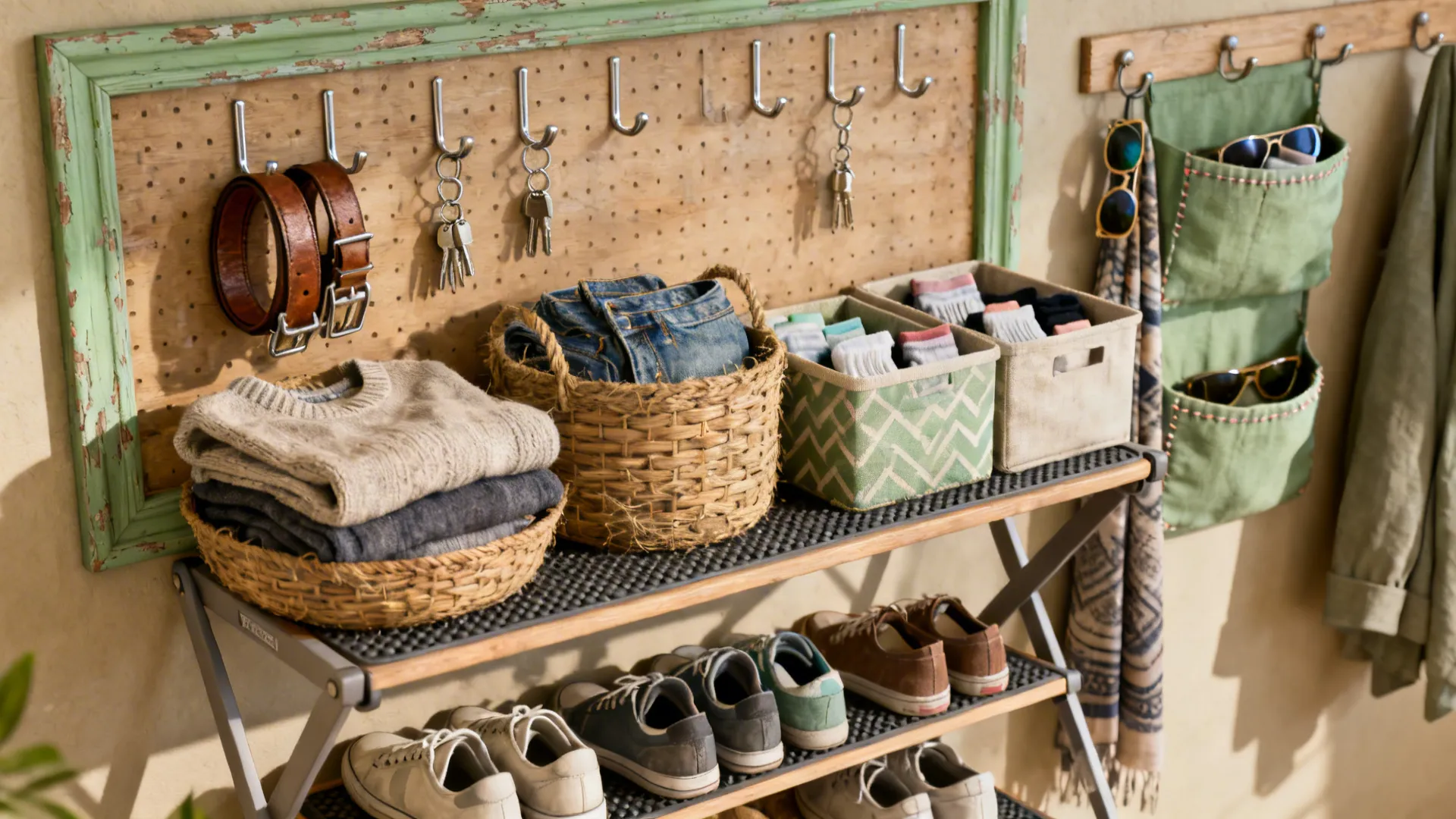 Painted pegboard wall with hooks, baskets and a fold-down shoe shelf