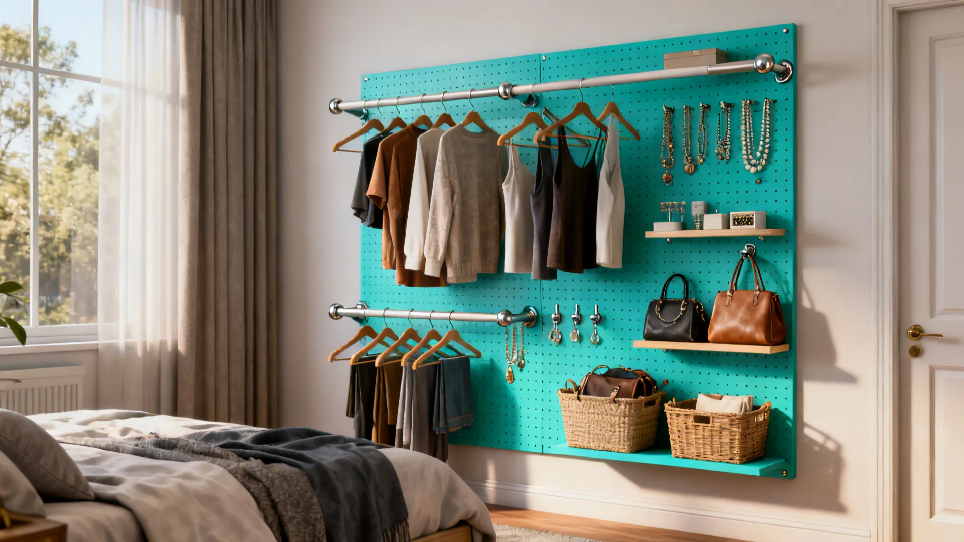 Vertical pegboard wardrobe with hooks, rods and baskets for clothes and accessories.