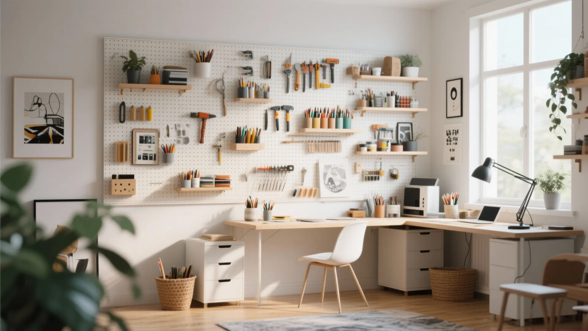 Creative office with wall-to-wall pegboard panel storage