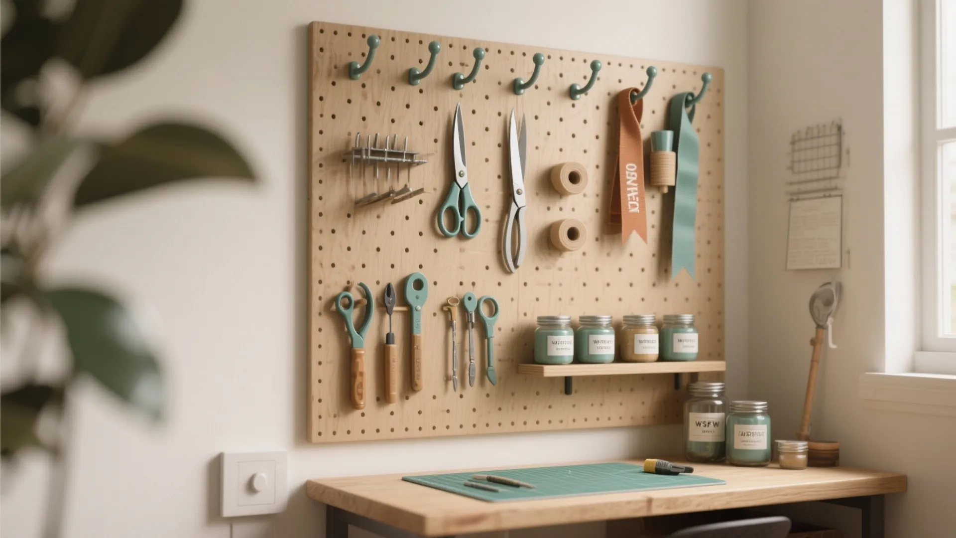 Wooden pegboard mounted above a desk holding scissors, tools, and jars for a craft room