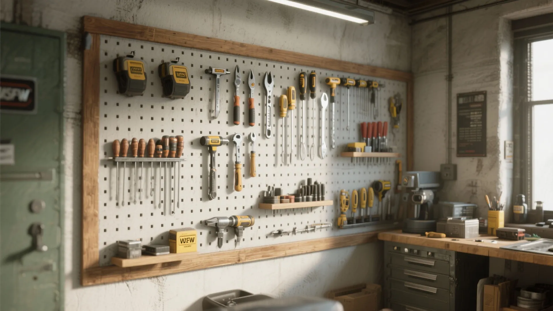 Organized pegboard wall with various hand tools like hammers and wrenches above a wooden workbench
