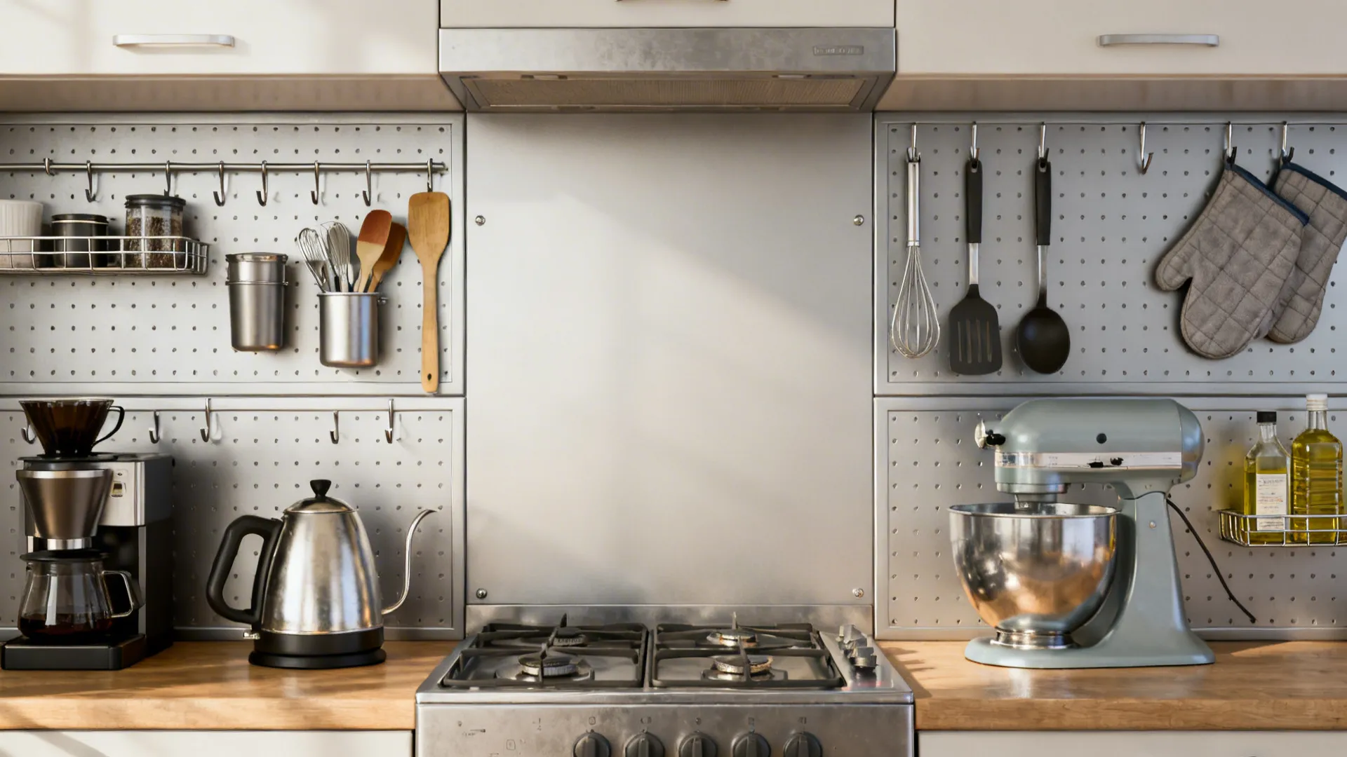 Steel pegboard with neatly zoned utensils, small shelf for oils, and clear space near cooktop.