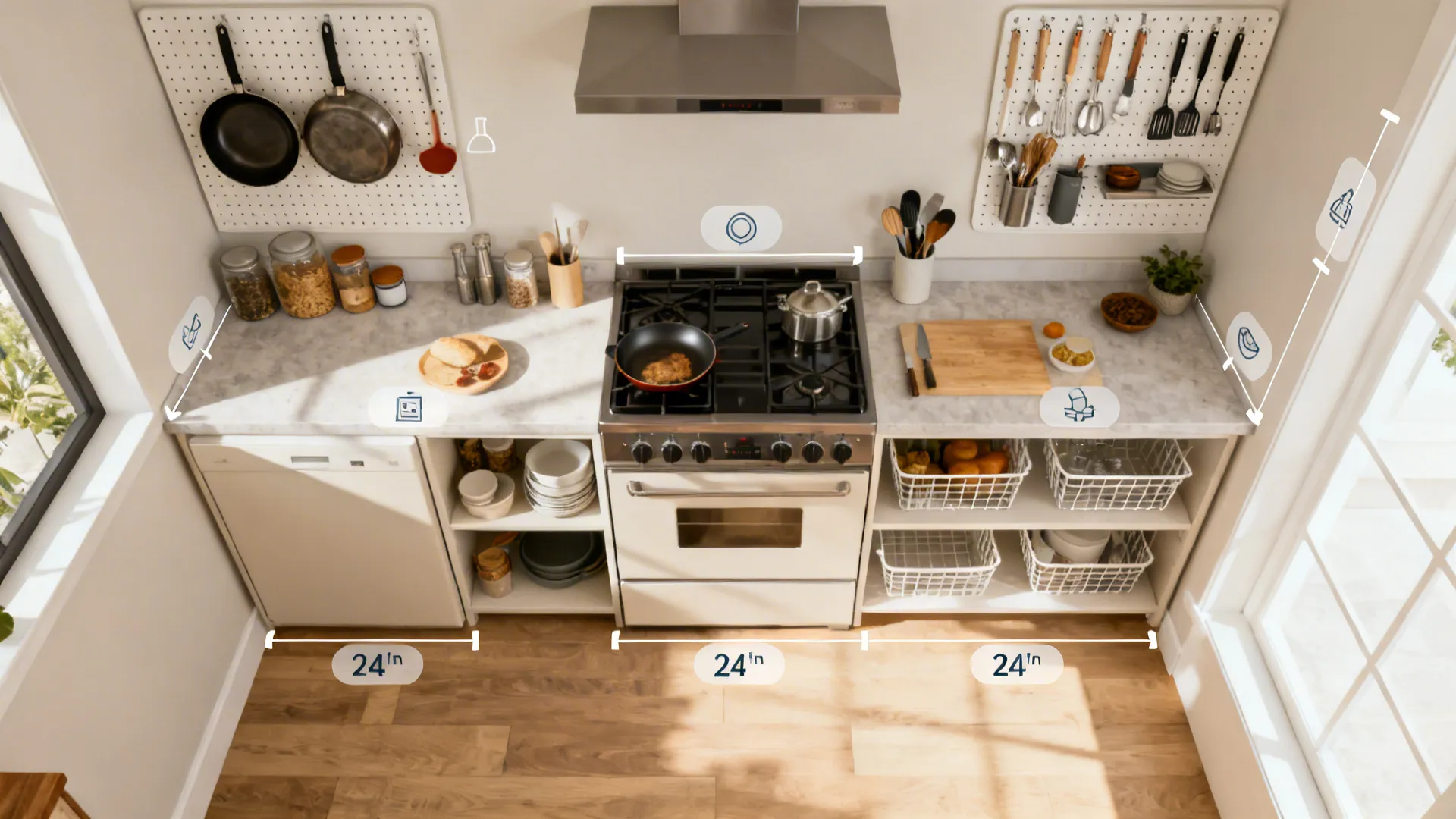 Top view of a kitchen layout showing stove oven storage baskets and labeled dimension measurements