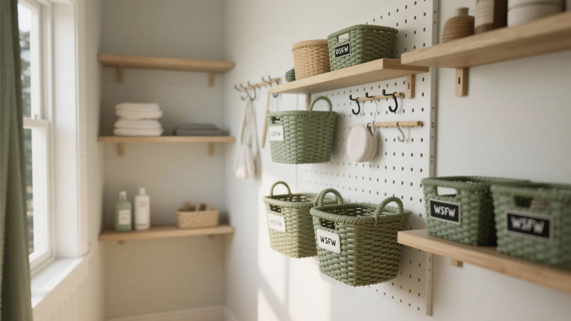 Laundry room storage featuring white wall board with green baskets and wooden shelves for towels