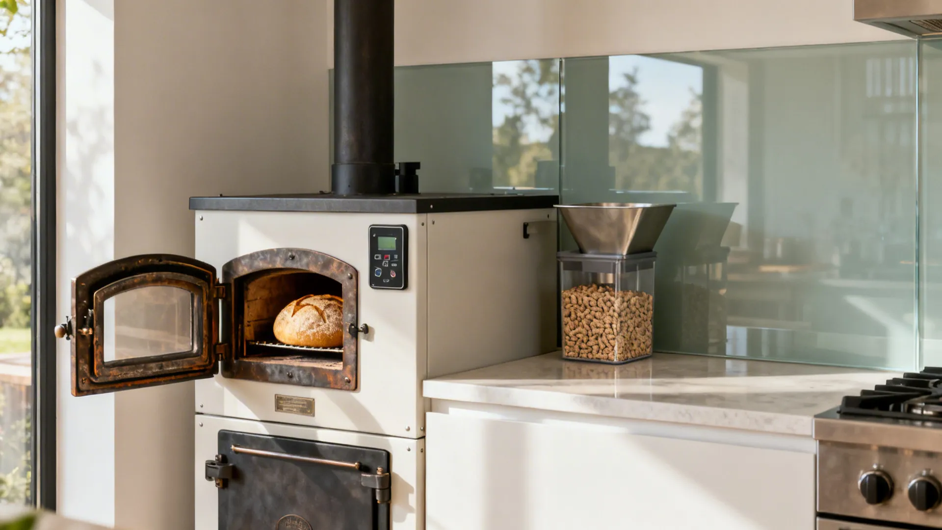 Pellet hearth with cast door and bake cavity in a compact kitchen, with pellets stored dry nearby.