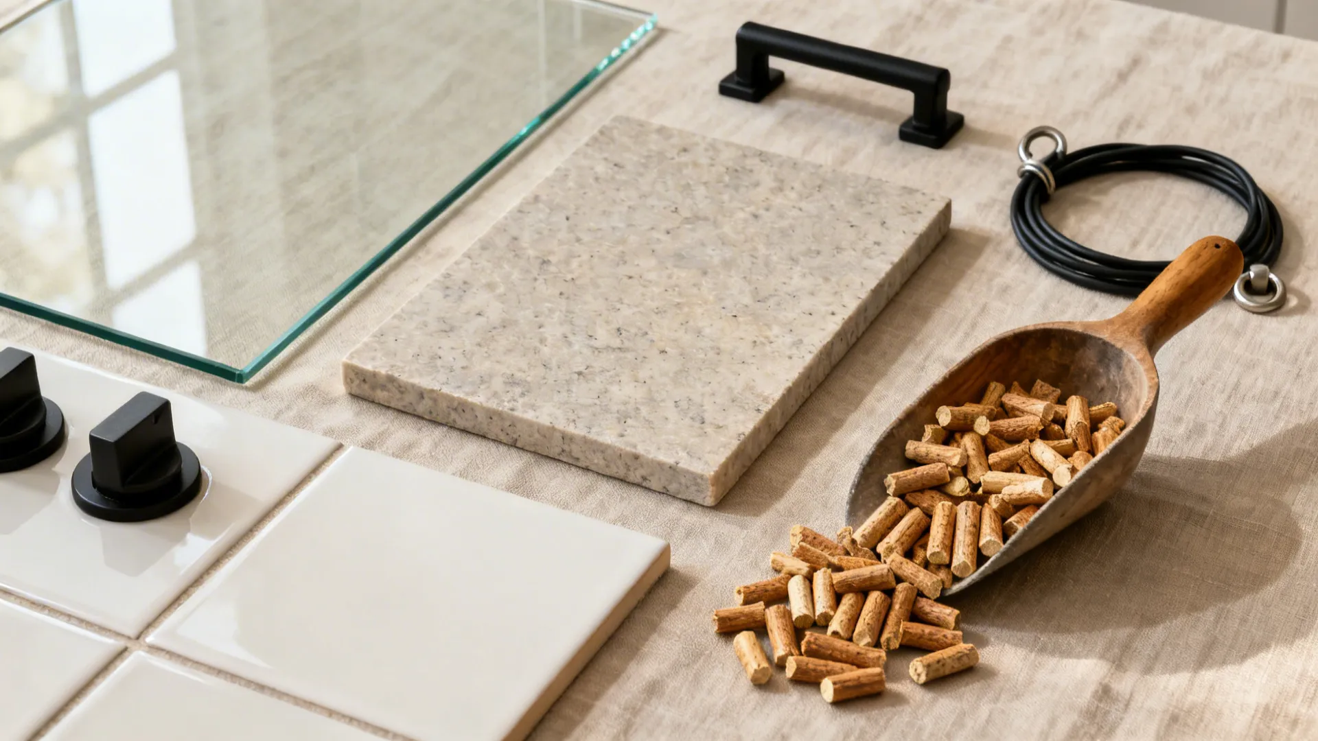 Flat lay of tempered glass, honed stone, porcelain, matte hardware, and wood pellets for a hearth design.