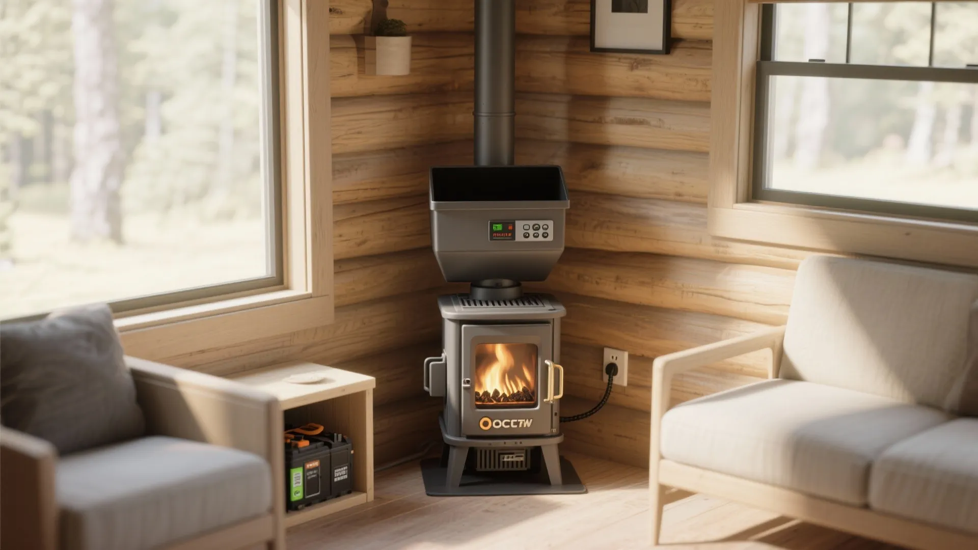 Small cabin interior with a tidy pellet stove showing hopper and controls, clean and efficient setup.