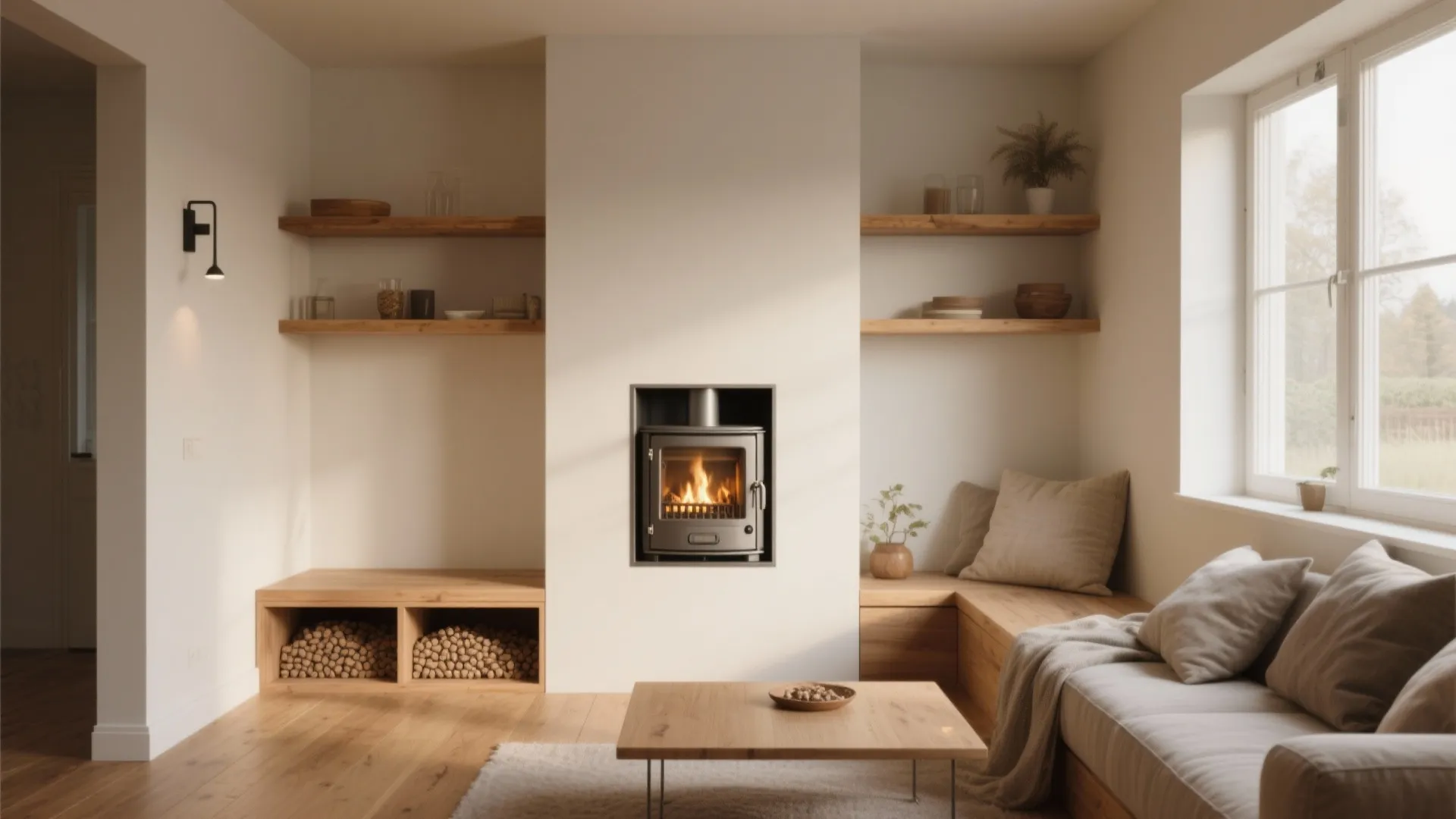 Minimalist living room with a wood stove built into a white wall and wooden shelves