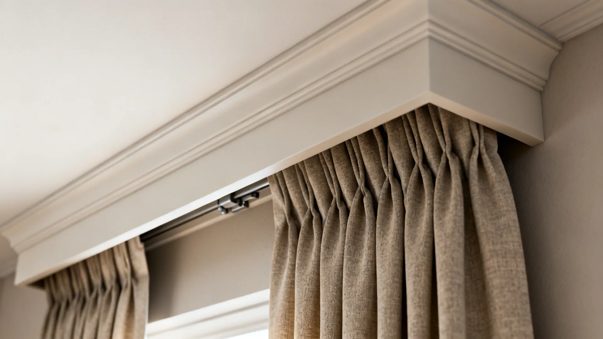 Close-up of a shallow pelmet integrated with a soft swag curtain hiding the hardware