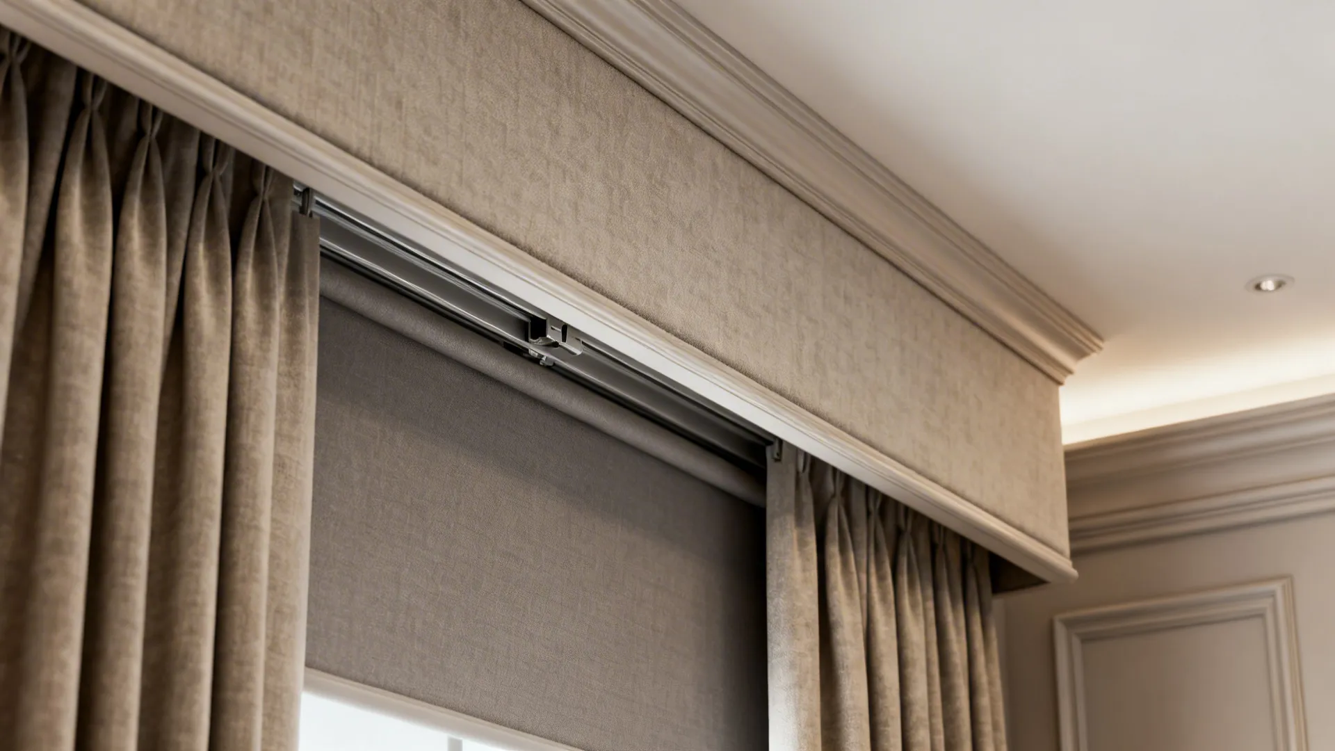 Curtain pelmet concealing tracks above blackout curtains for complete light control.