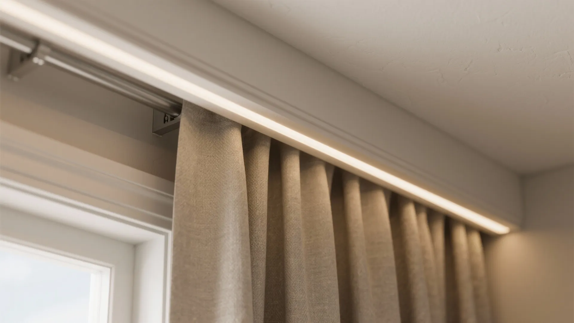 Close up view of gray curtain hanging on metal rod with hidden warm light fixture
