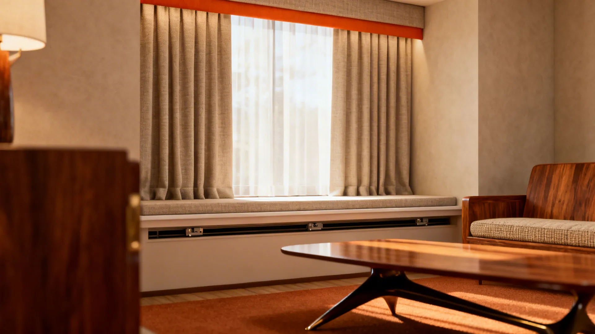 Short curtains finished with a slim fabric-wrapped pelmet that conceals hardware