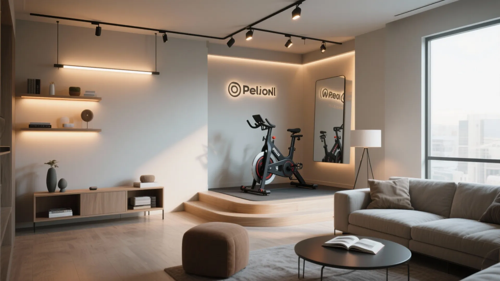 Peloton workout area enhanced by track lighting