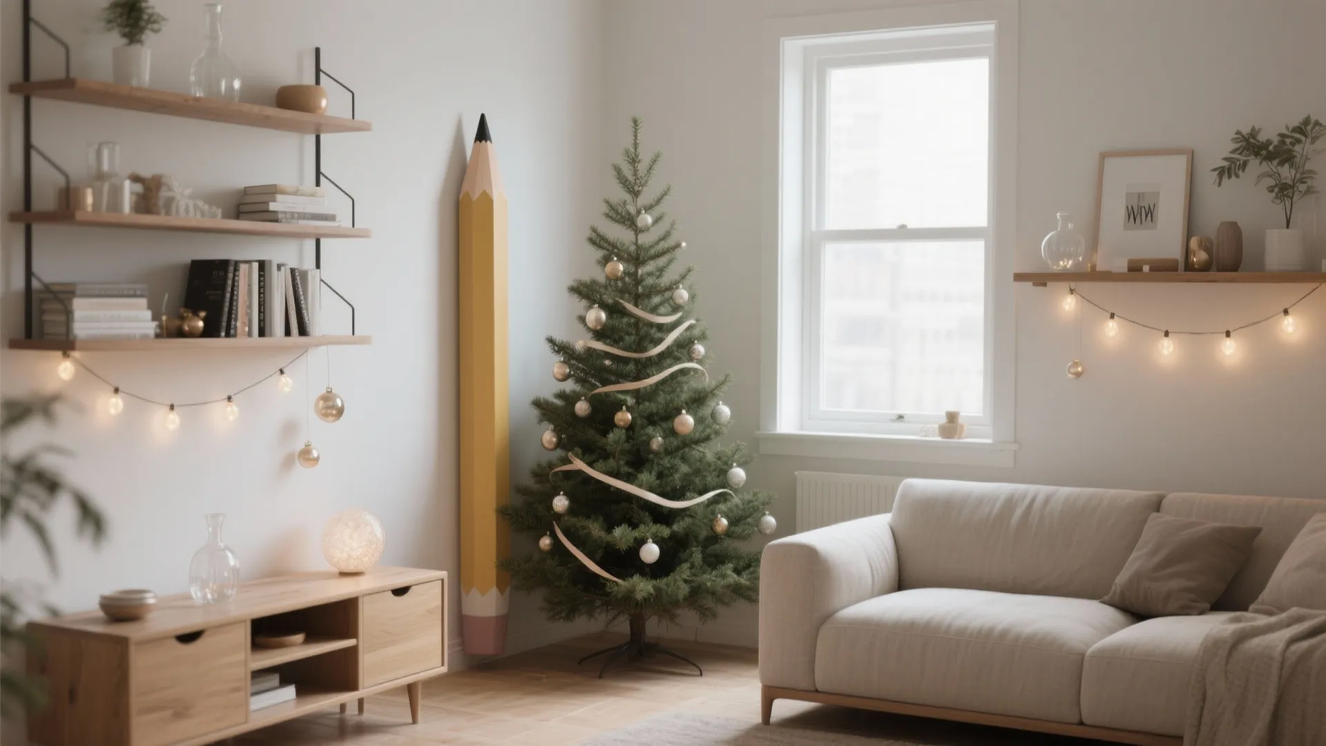 Creative living room featuring giant pencil standing near Christmas tree and wooden wall mounted shelves