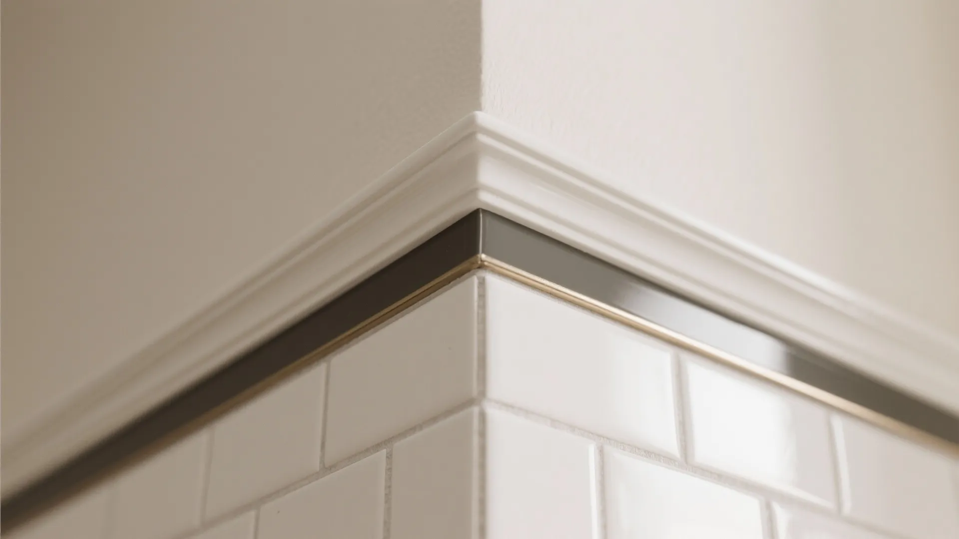 Close up view of white wall tiles with thin black decorative border and white wall panel
