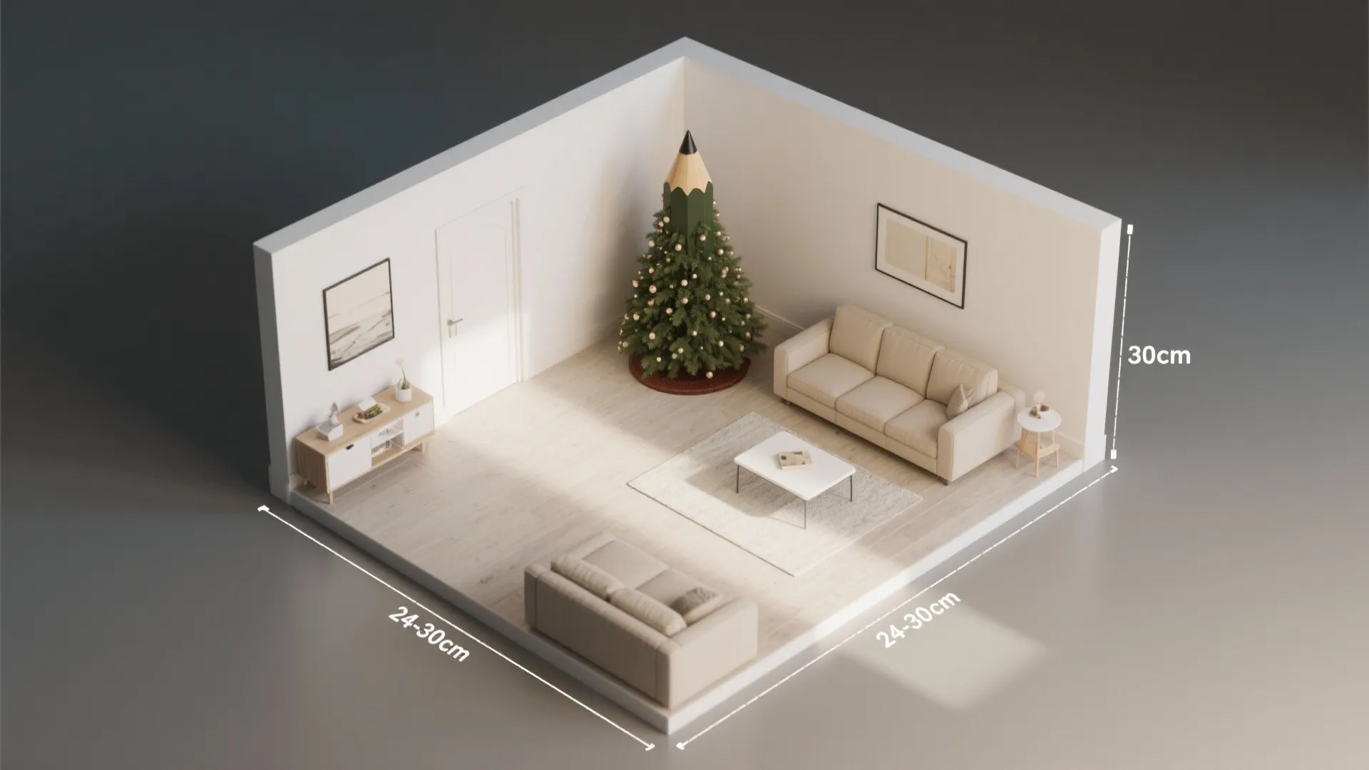 Interior design drawing of a room with sofa white cabinet pencil shaped tree and dimension lines