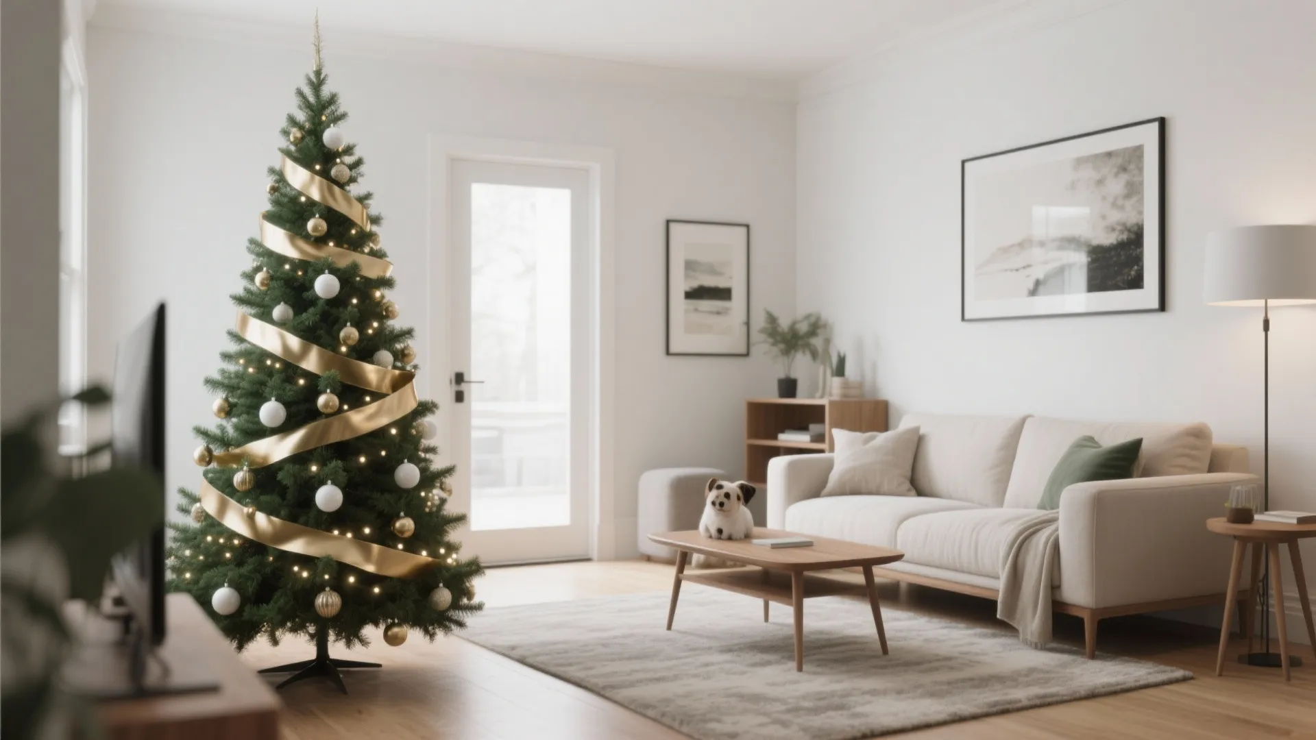 Modern white living room featuring a tall decorated Christmas tree with gold ribbons and white ornaments