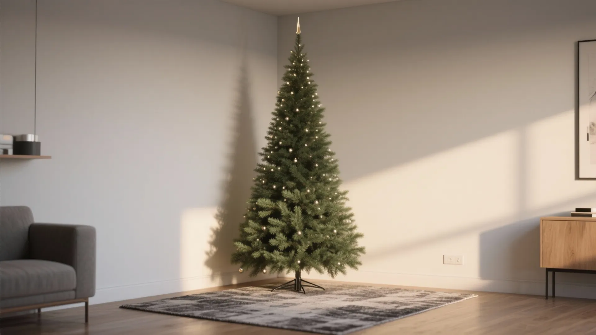 Slim pencil Christmas tree tucked into a studio apartment corner with a discreet heavy base.
