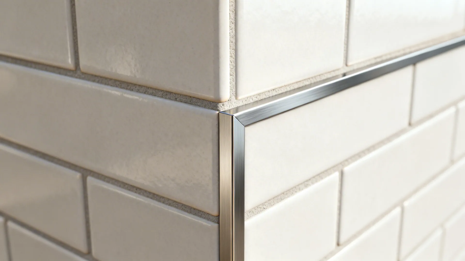 Macro of vertical stack tile meeting pencil trim and a metal edge profile at a corner.