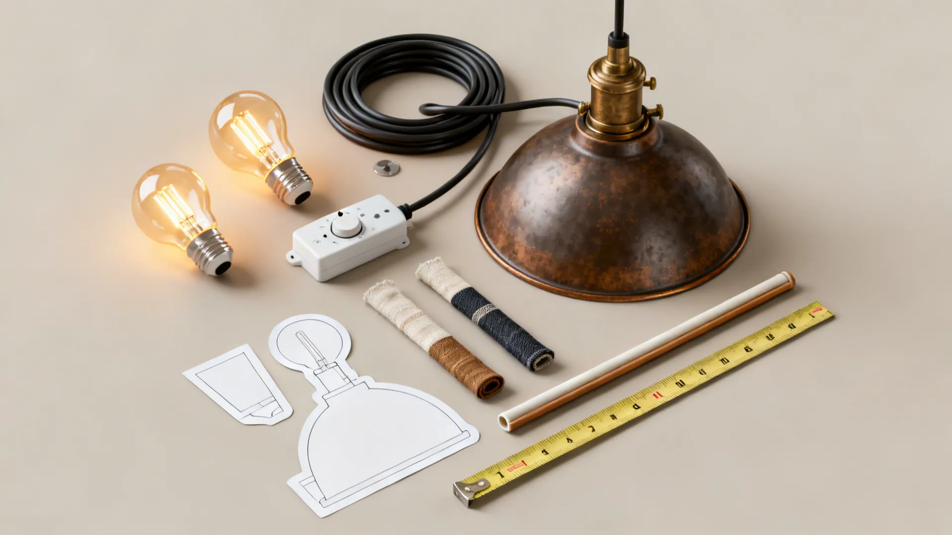 Bronze ceiling light parts with bulbs wires measuring tape and fabric samples on beige background