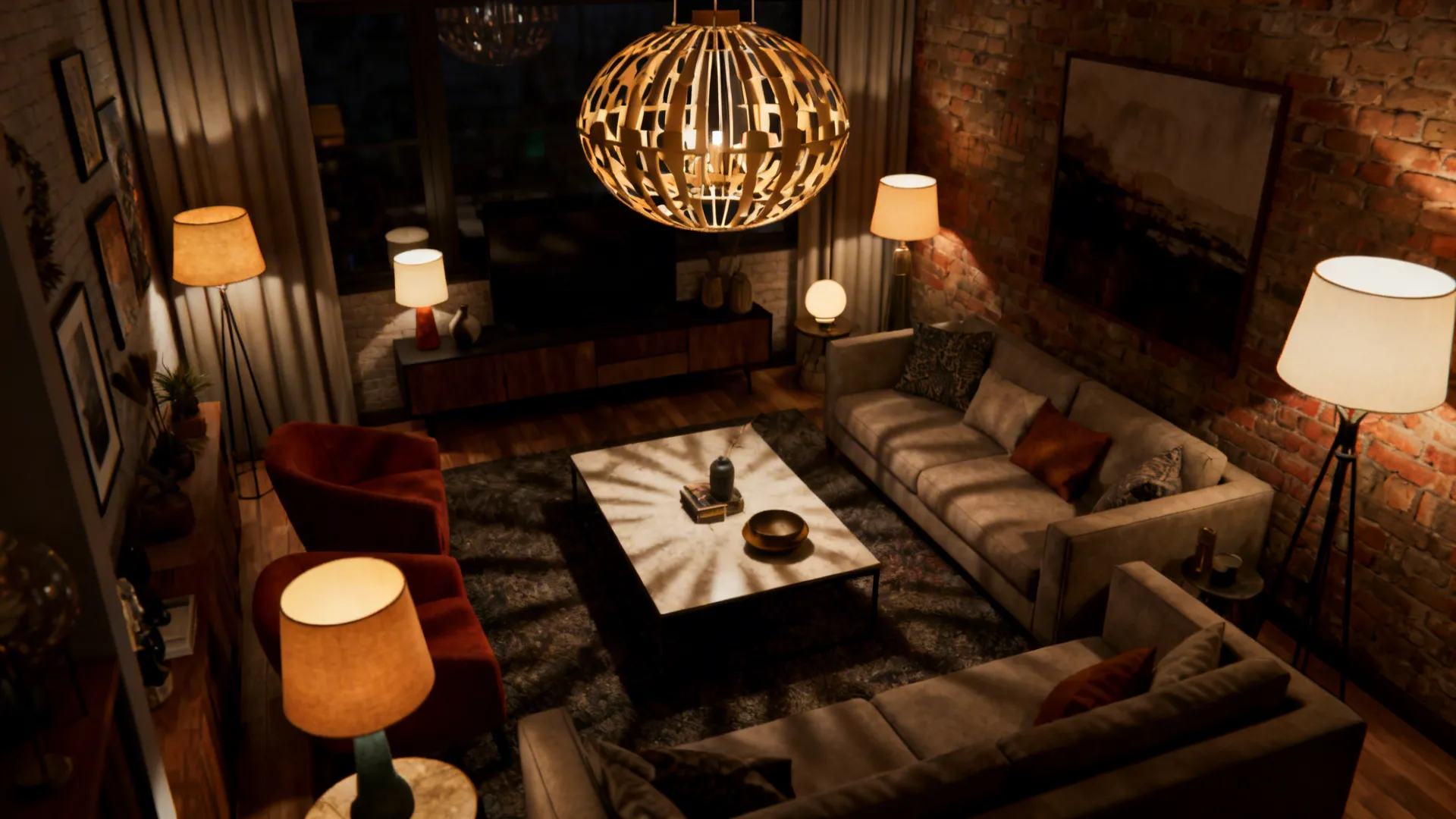 Compact living room with a low-hanging pendant and accent lamps adding depth and warmth.
