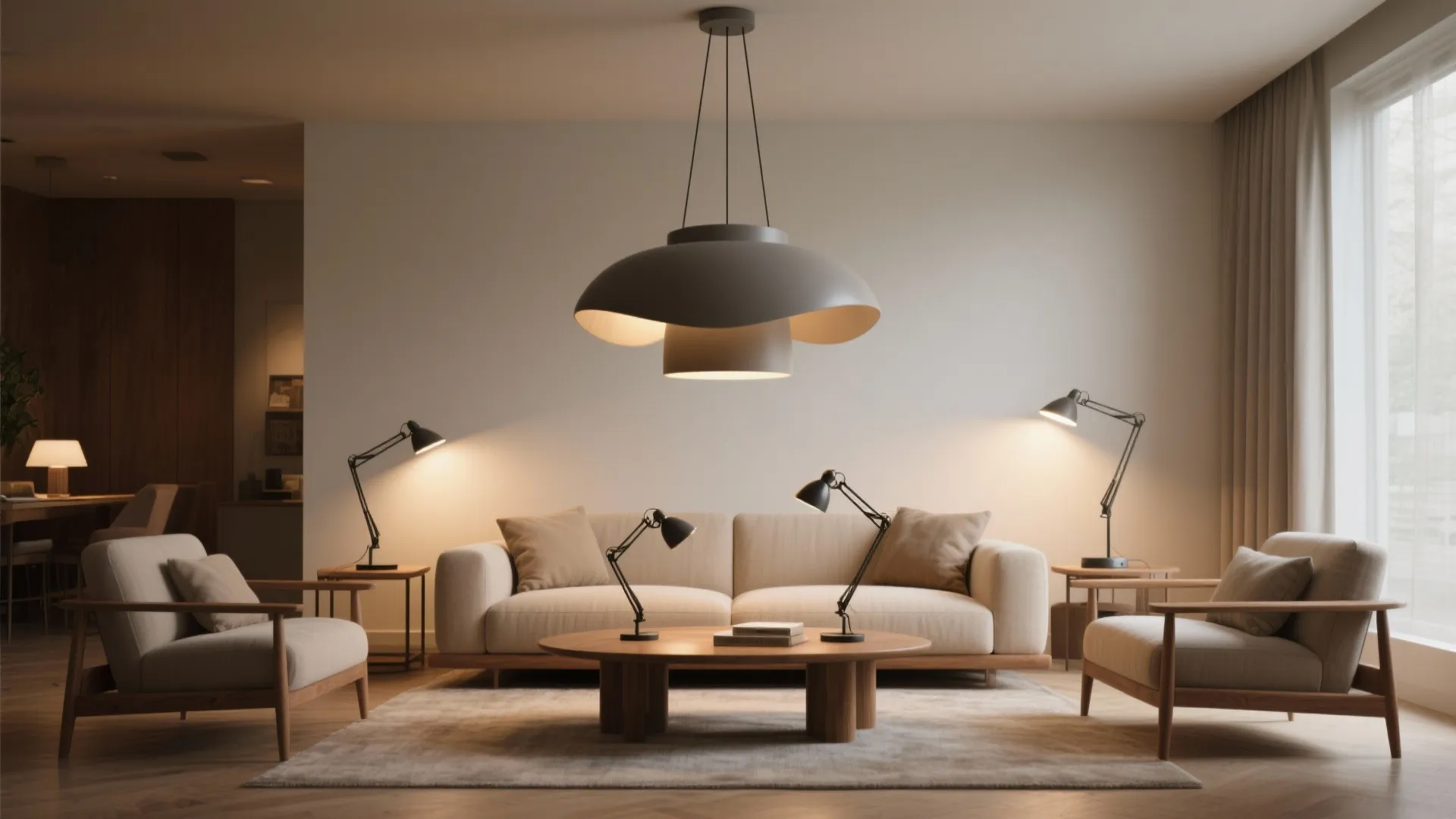 3. Statement pendant combined with flexible task lights