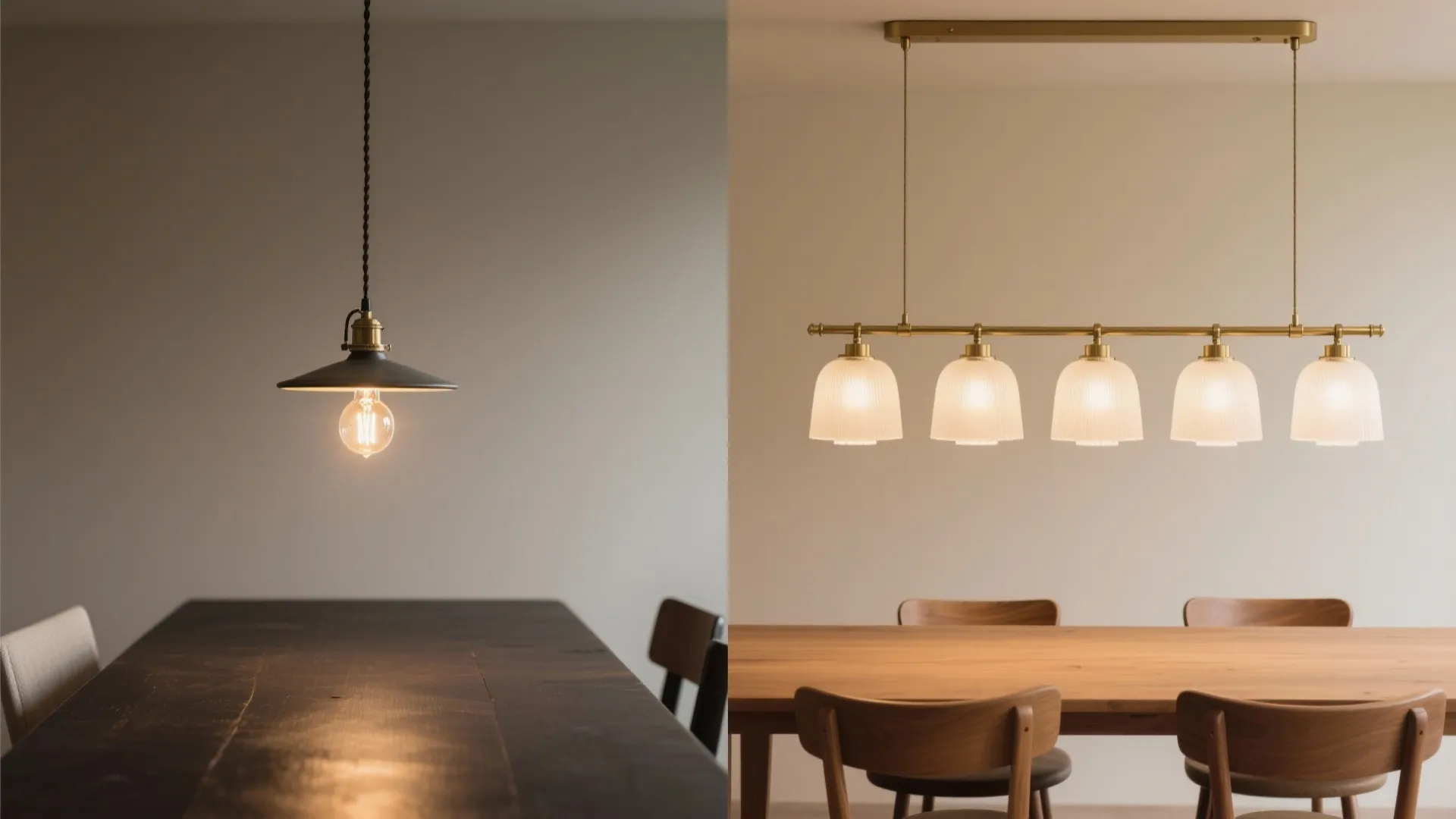 Before-and-after comparison of a single light bulb versus a row of five frosted ceiling lights