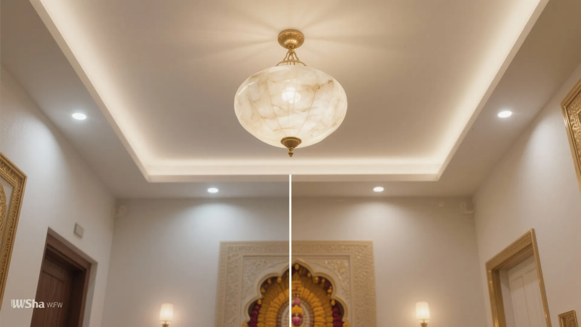 Before and after comparison of large ceiling light and room lighting in interior design drawing