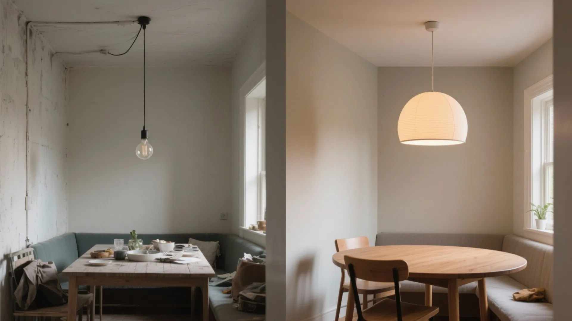 Minimalist pendants that soften small dining nooks