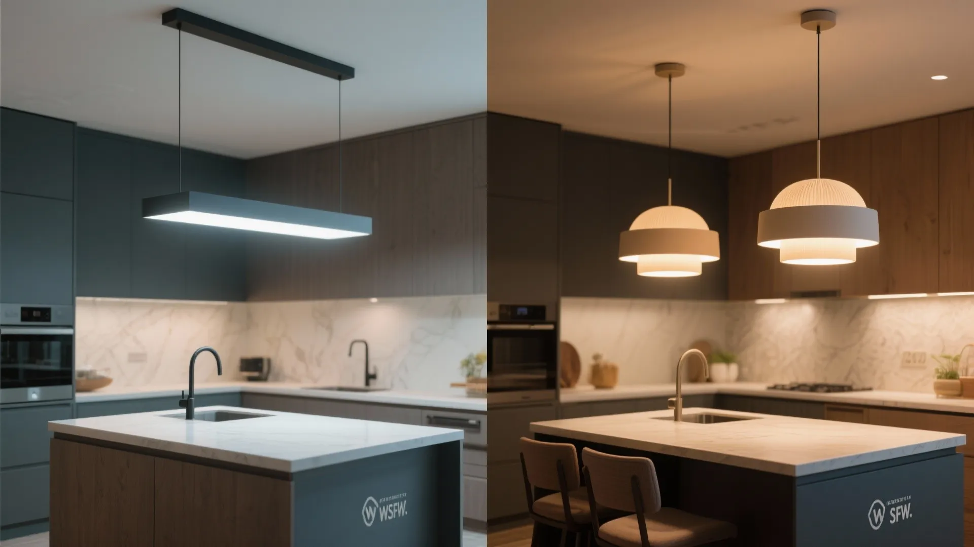Warm-dim pendants over the compact island