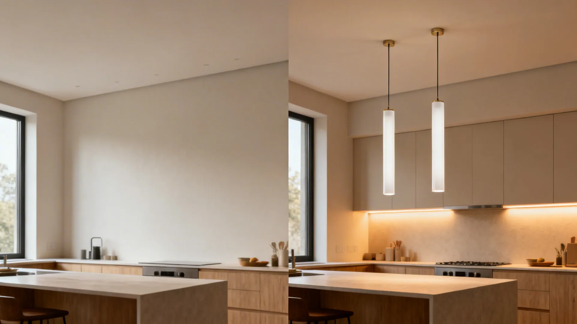 Split view showing a kitchen before without pendants and after with slim pendants and task lighting.