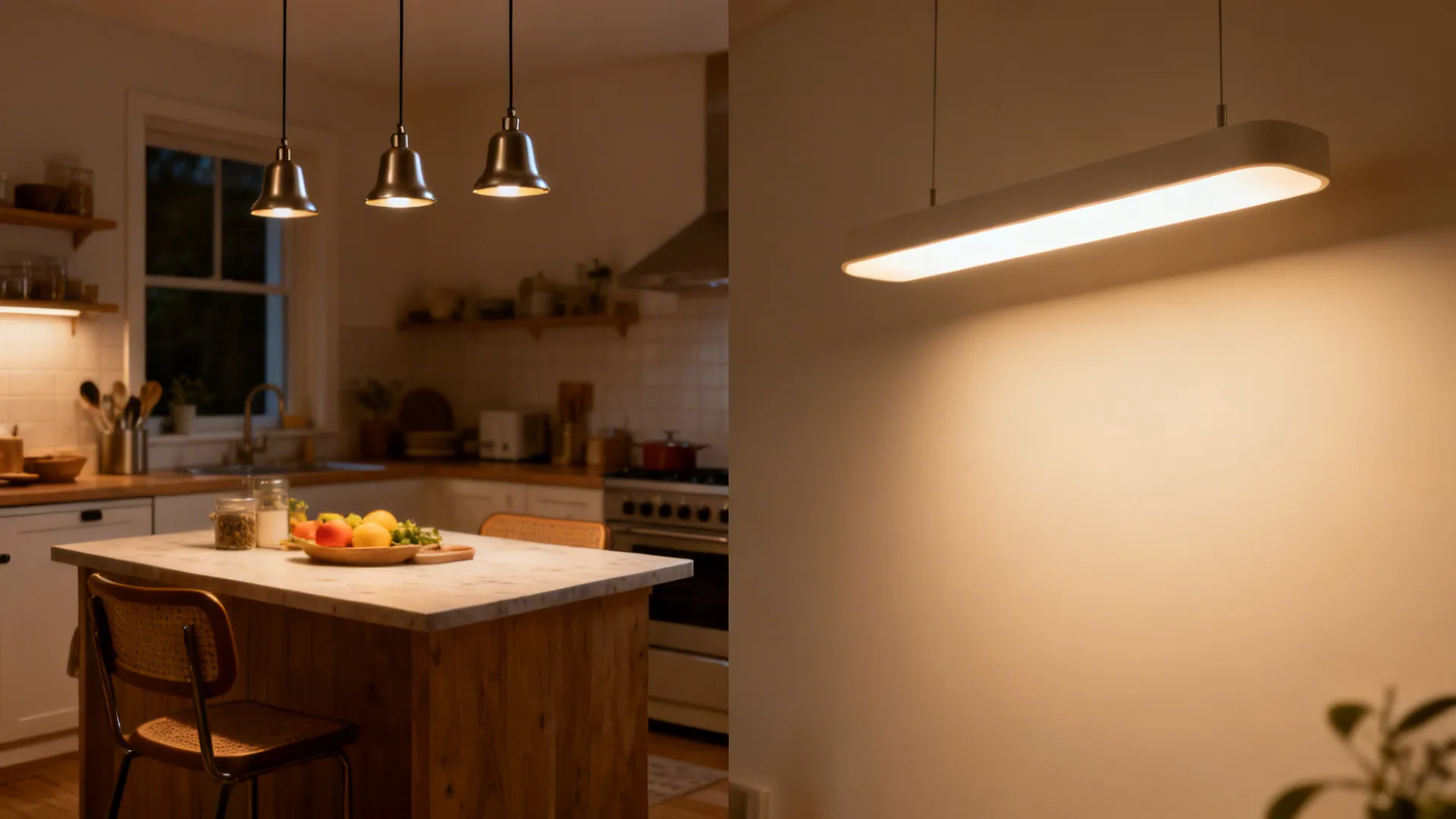 Split view comparing three small pendants versus one sleek linear pendant over a small island.