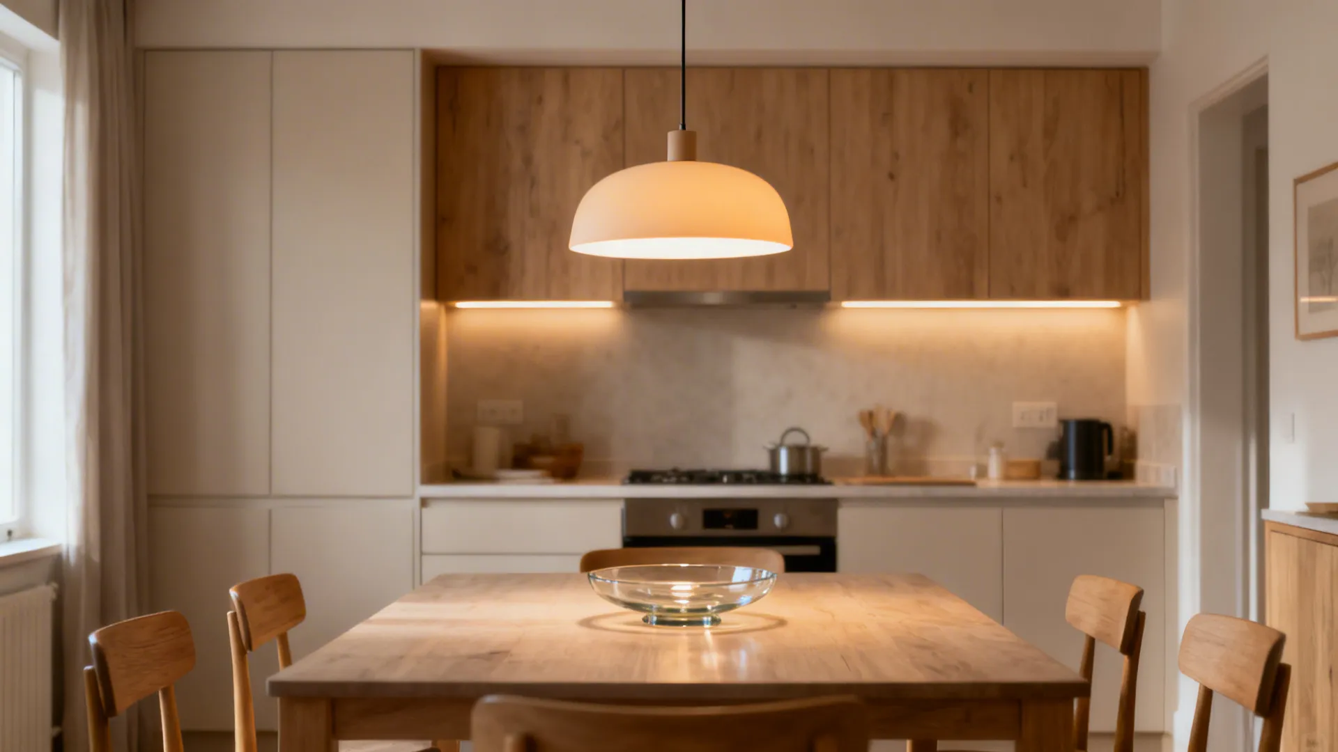 Small kitchen with a centered pendant over the table and layered task lighting.