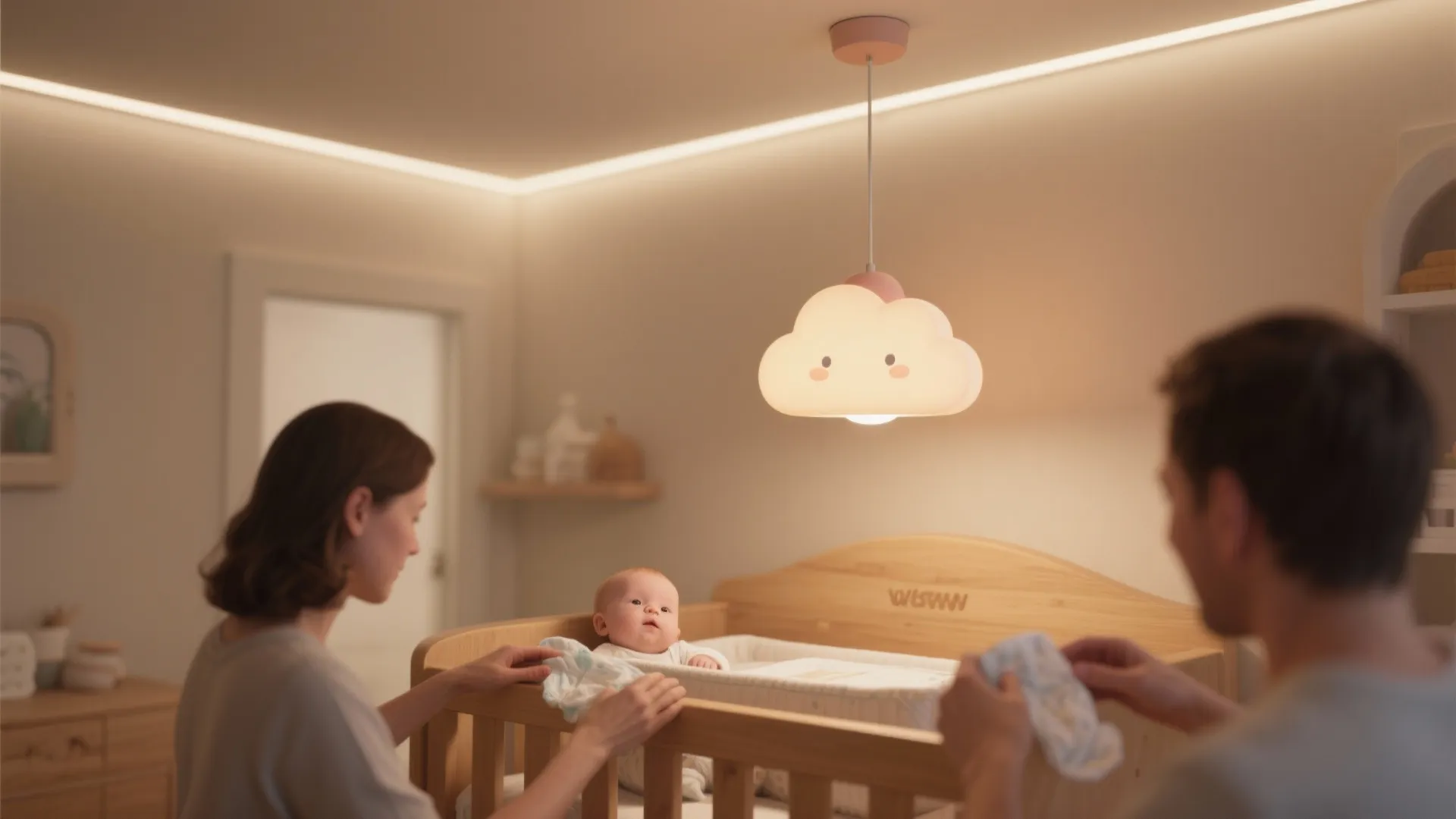 Small dimmable pendant light above a changing table providing focused warm task light