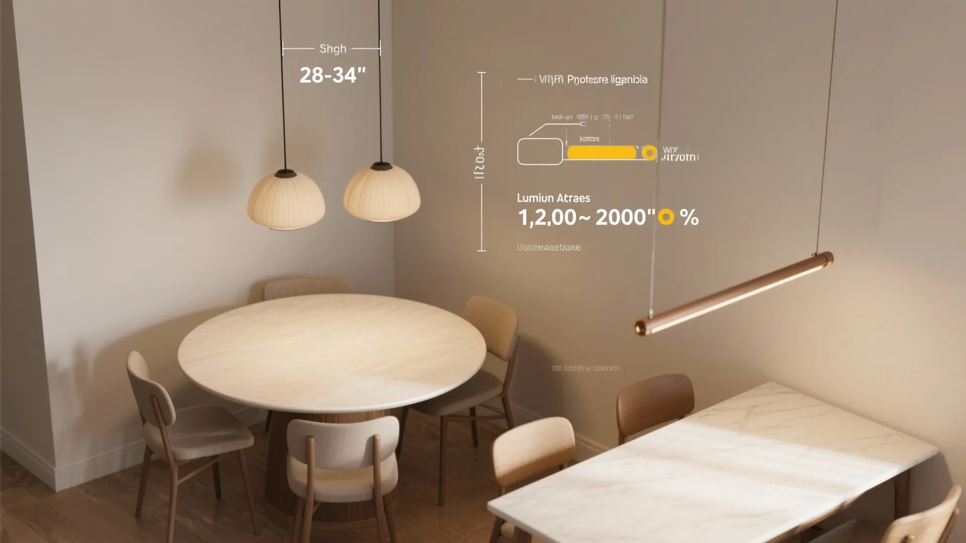 Dining room interior design drawing showing height measurements for two ceiling lights over round table