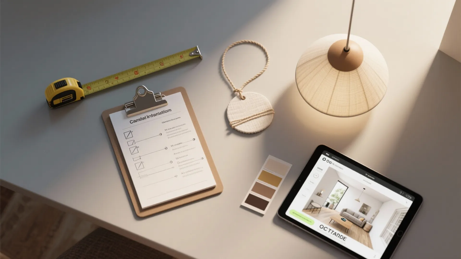 Desk with tape measure clipboard color samples tablet showing interior design drawing and ceiling light