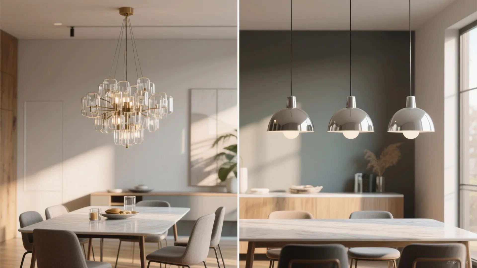 Modern dining room interior design with glass ceiling light above a white marble dinner table